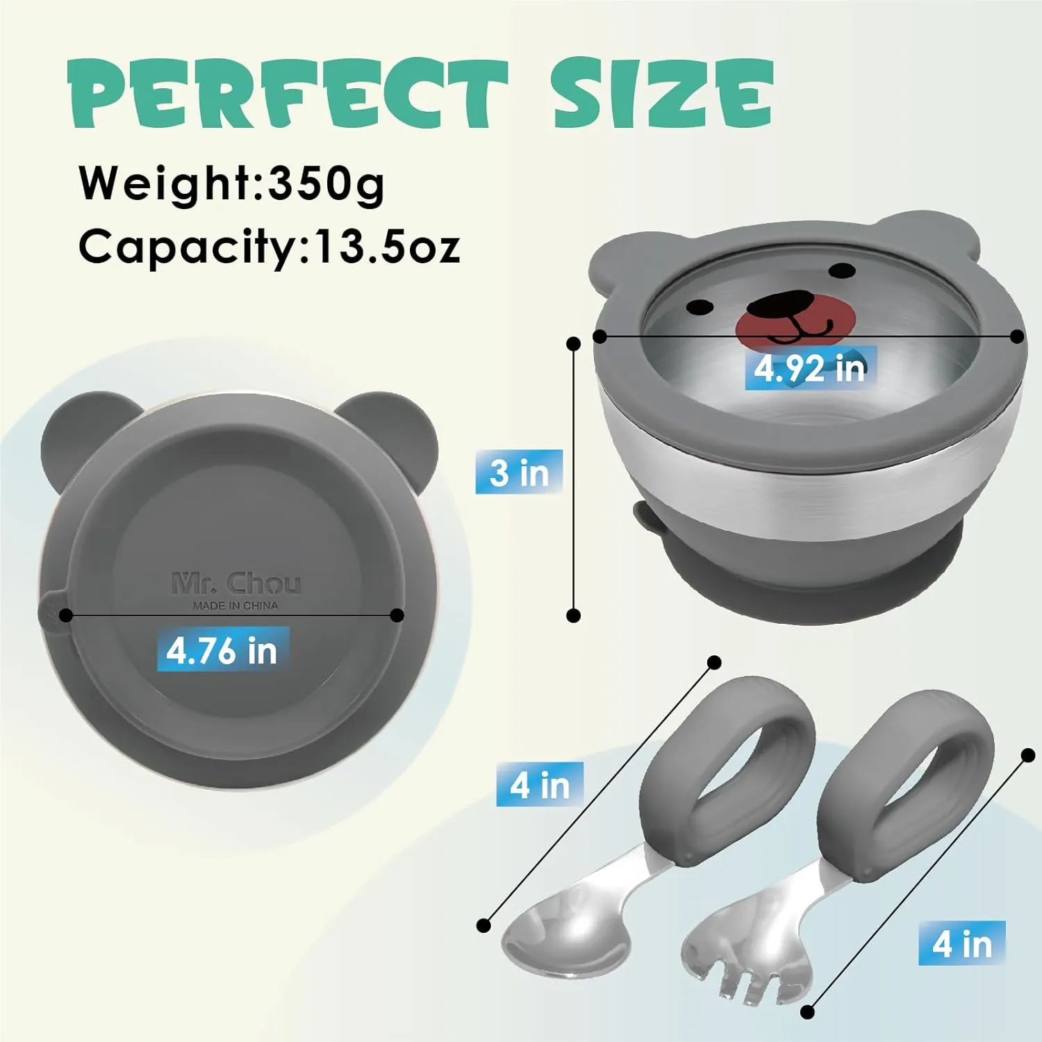 MR. CHOU Baby Bowl Set with Spoon & Fork, Insulated Double-Layer 18/8 Stainless Steel Toddler Bowls with Silicone Suction Cup & BPA Free Airtight Lids, Food Grade Infant Self-Feeding Bowl, Gray
