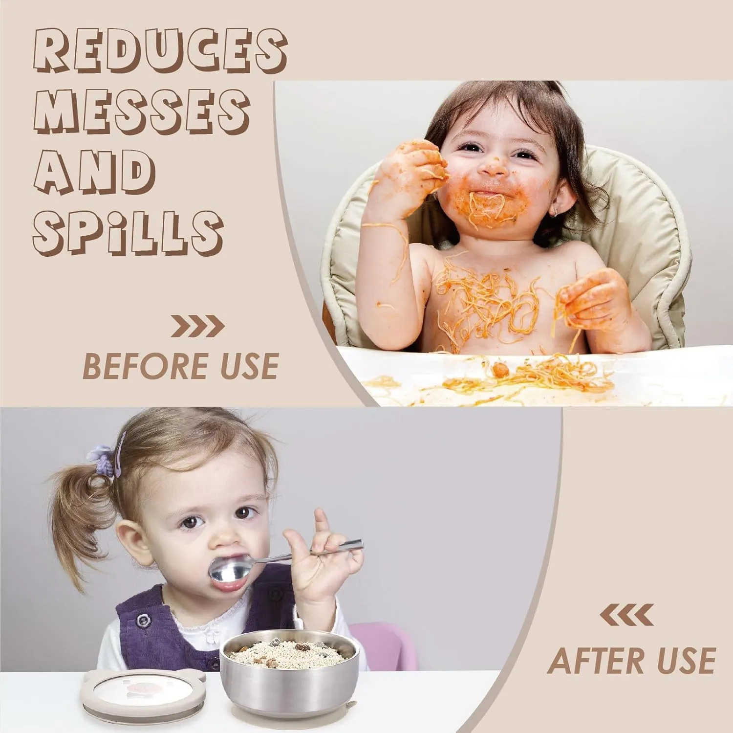 MR. CHOU Baby Bowls with Non-Slip Silicone Suction Cup, Insulated Double-Layer 304 Stainless Steel Toddler Bowls with BPA Free Airtight Lids, Food-Grade Silicone Safe for Kids (Beige)