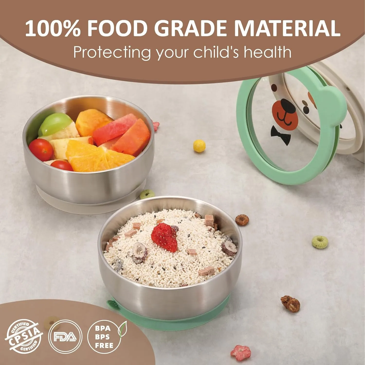MR. CHOU Baby Bowls with Non-Slip Silicone Suction Cup, Insulated Double-Layer 304 Stainless Steel Toddler Bowls with BPA Free Airtight Lids, Food-Grade Silicone Safe for Kids (Beige)