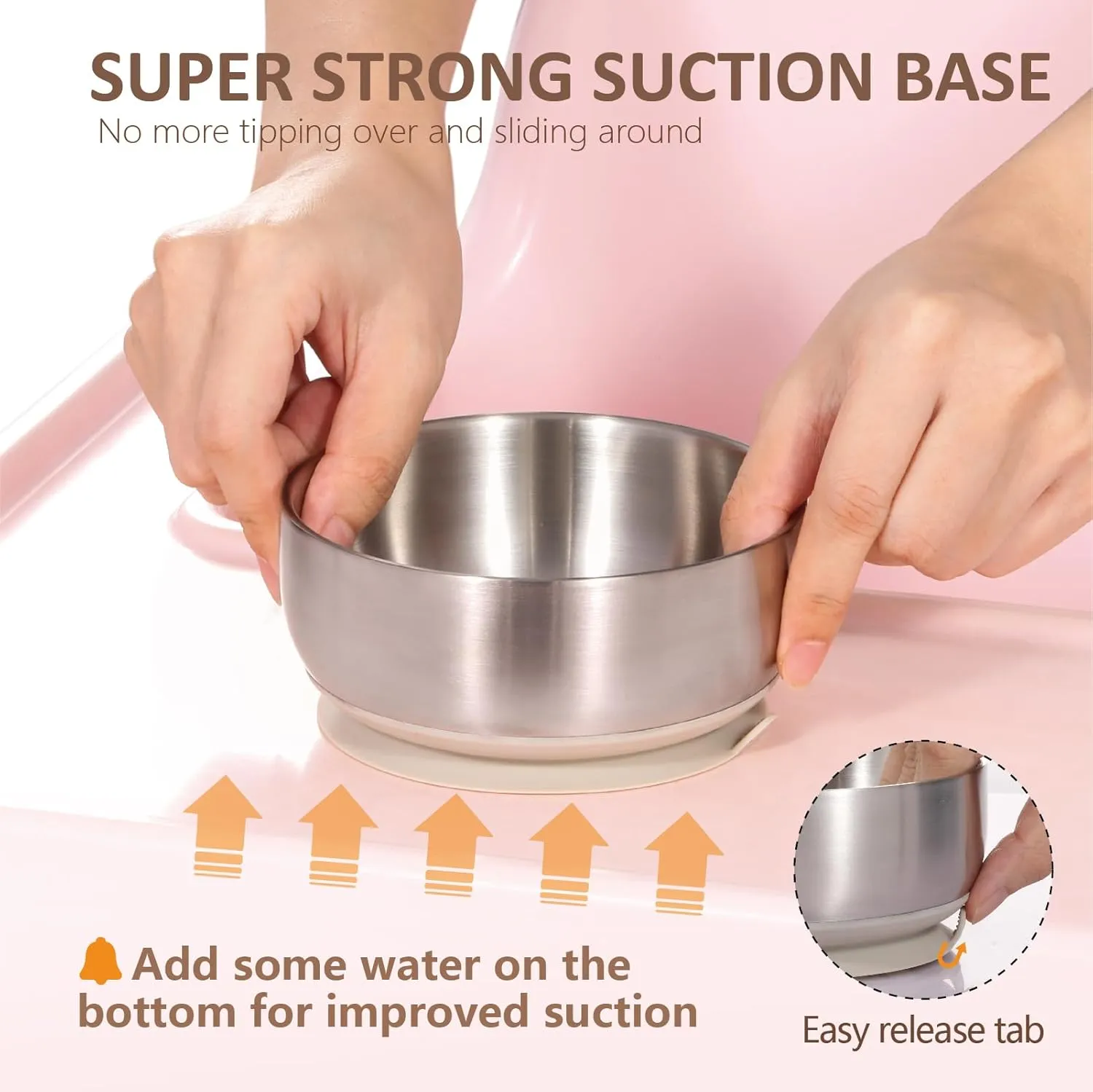 MR. CHOU Baby Bowls with Non-Slip Silicone Suction Cup, Insulated Double-Layer 304 Stainless Steel Toddler Bowls with BPA Free Airtight Lids, Food-Grade Silicone Safe for Kids (Beige)
