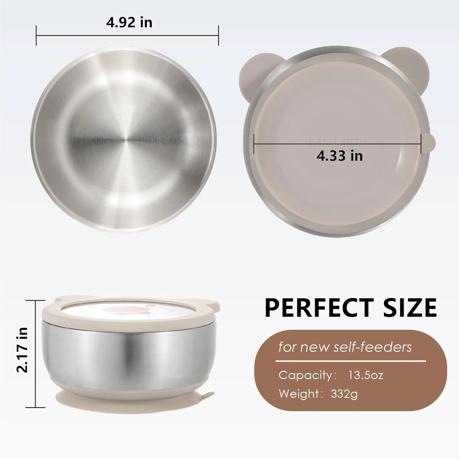 MR. CHOU Baby Bowls with Non-Slip Silicone Suction Cup, Insulated Double-Layer 304 Stainless Steel Toddler Bowls with BPA Free Airtight Lids, Food-Grade Silicone Safe for Kids (Beige)