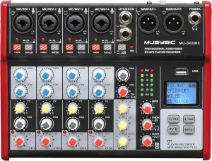 MUSYSIC Professional 6 Channel PA Mixer/Independently phantom power with 2-band, USB slot for MP3, WMA, Bluetooth, XLR, Interface Recording for Studio, DJ Stage, Party, Home MU-SE6ME