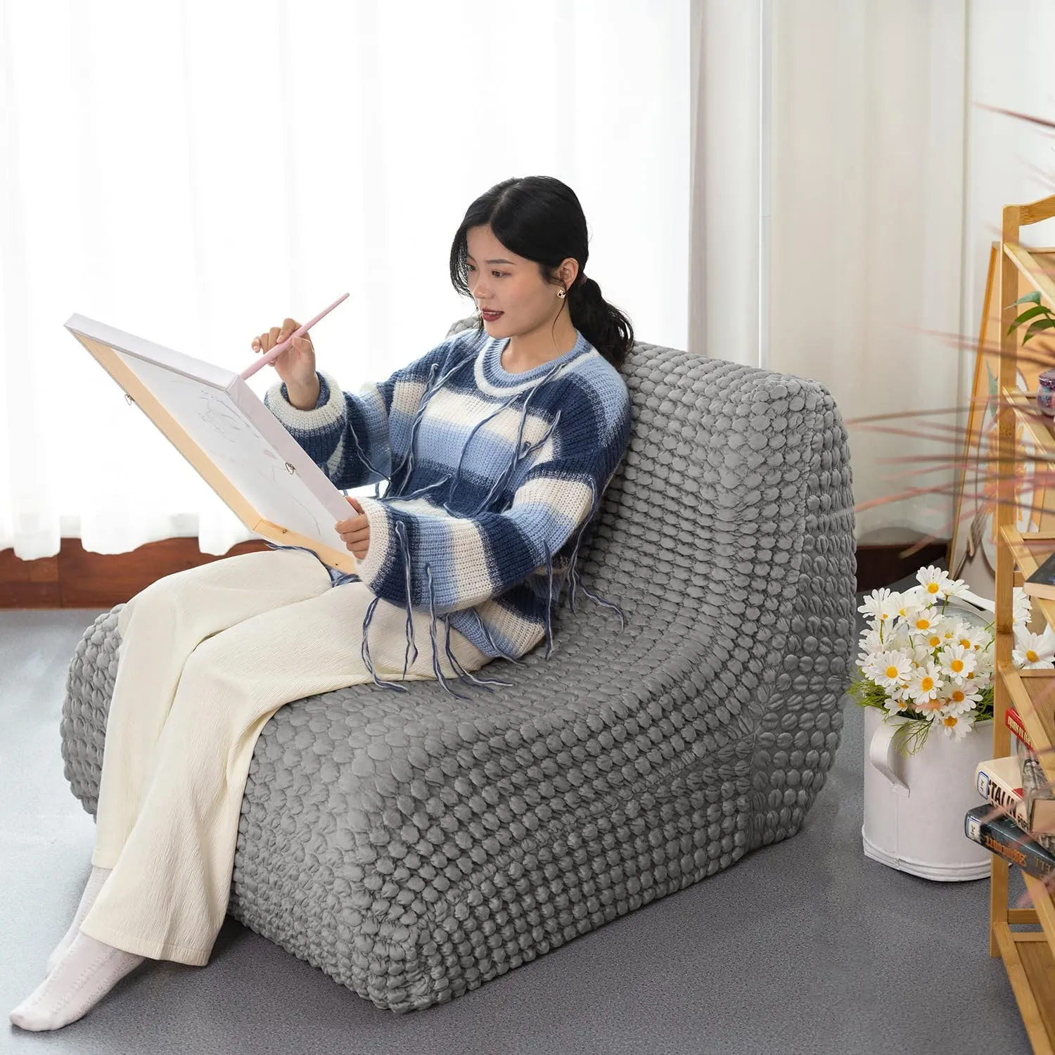 N&V Single Seated Foam Sofa, Armless Floor Sofa, One Piece High Density Foam, Removable and Machine Washable Cover (Grey)
