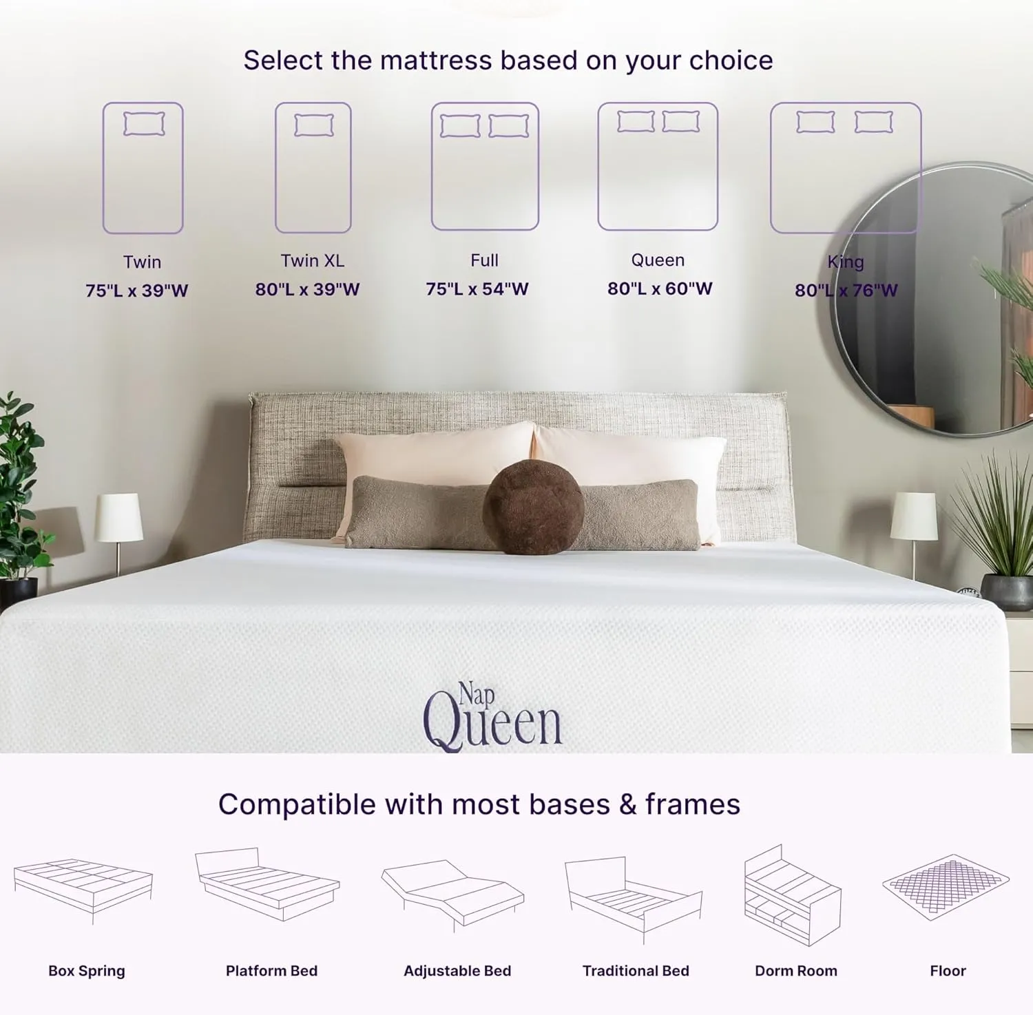 NapQueen 8 Inch Queen Size Mattress, Bamboo Charcoal Memory Foam Mattress, Bed in a Box, White