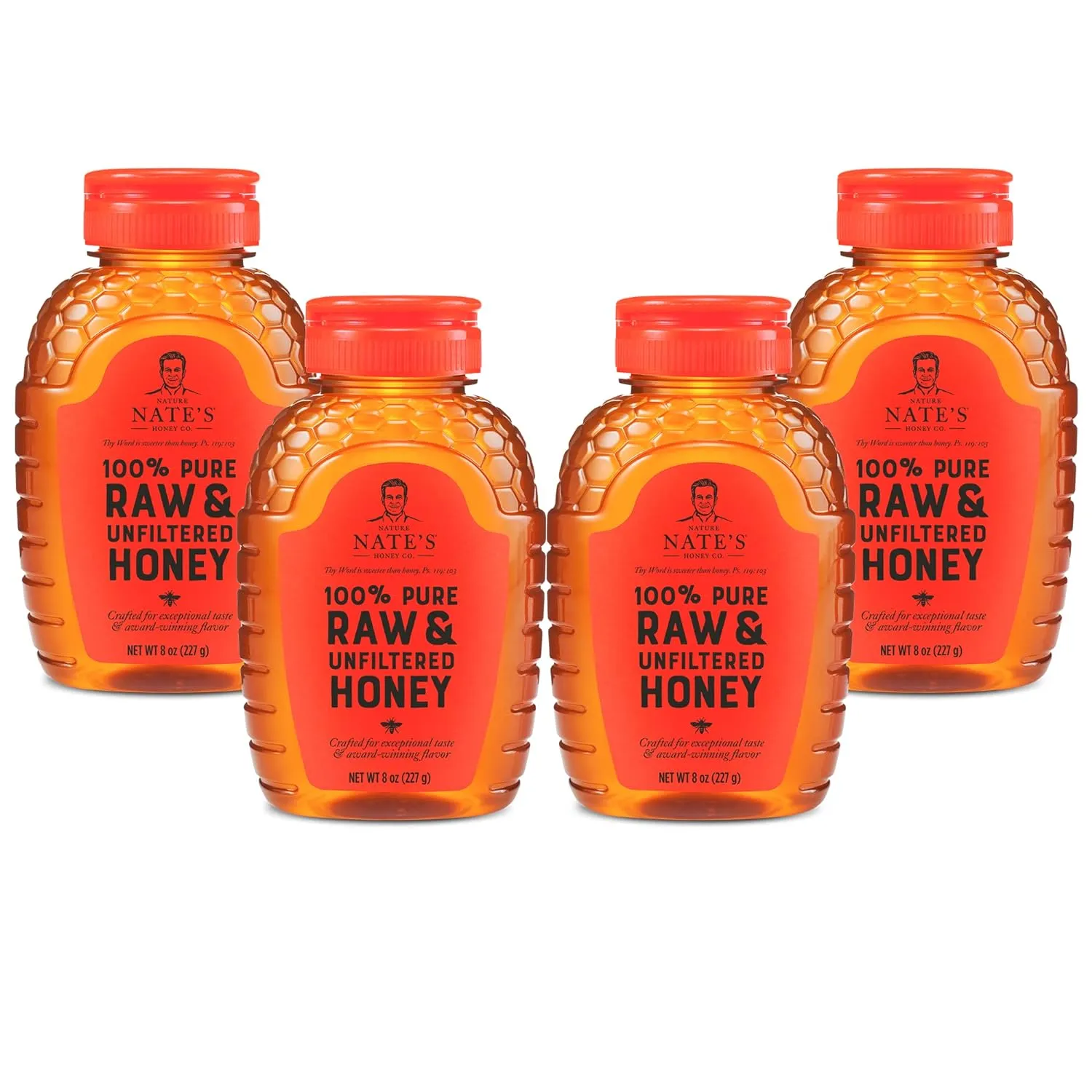 Nate's 100% Pure, Raw & Unfiltered Honey, Award-Winning Taste - 8 oz Squeeze Bottle (4 Pack)