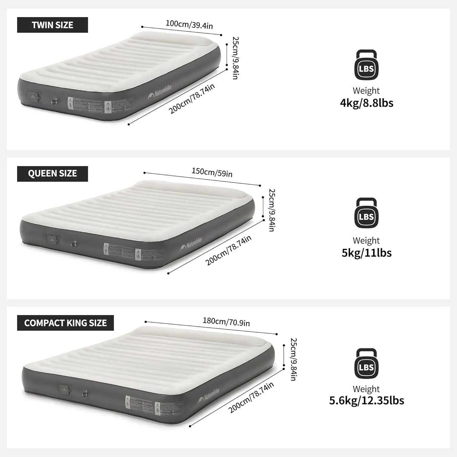 Naturehike Pillow Top Plush Compact King Air Mattress with Rechargeable Built-in Electric Pump, Blow Up Bed with Annular Air Column Structure, Inflatable Airbed for Home, Camping, Guests