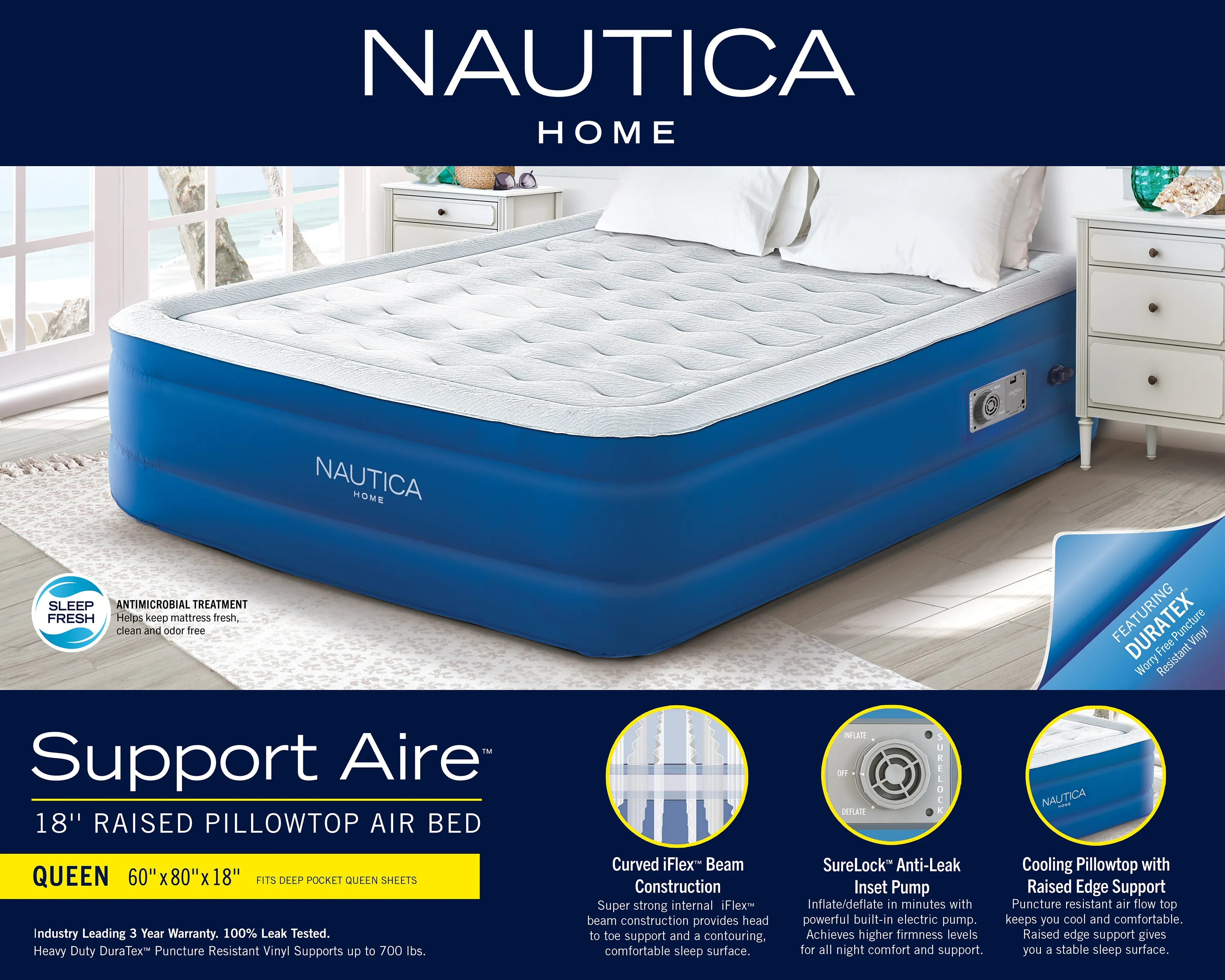 Nautica Home Support Aire Air Blue/Gray Mattress with Inset Pump