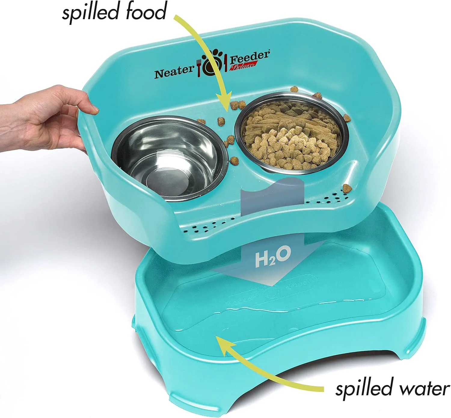 Neater Feeder Deluxe Mess Proof Dog Bowls Elevated Medium Sized Dogs (19-40 lbs) Made in USA, No Spill Raised Dog Food Bowl Stand w/Leg Extension, Stainless Steel Food and Water Bowl Set, Aquamarine