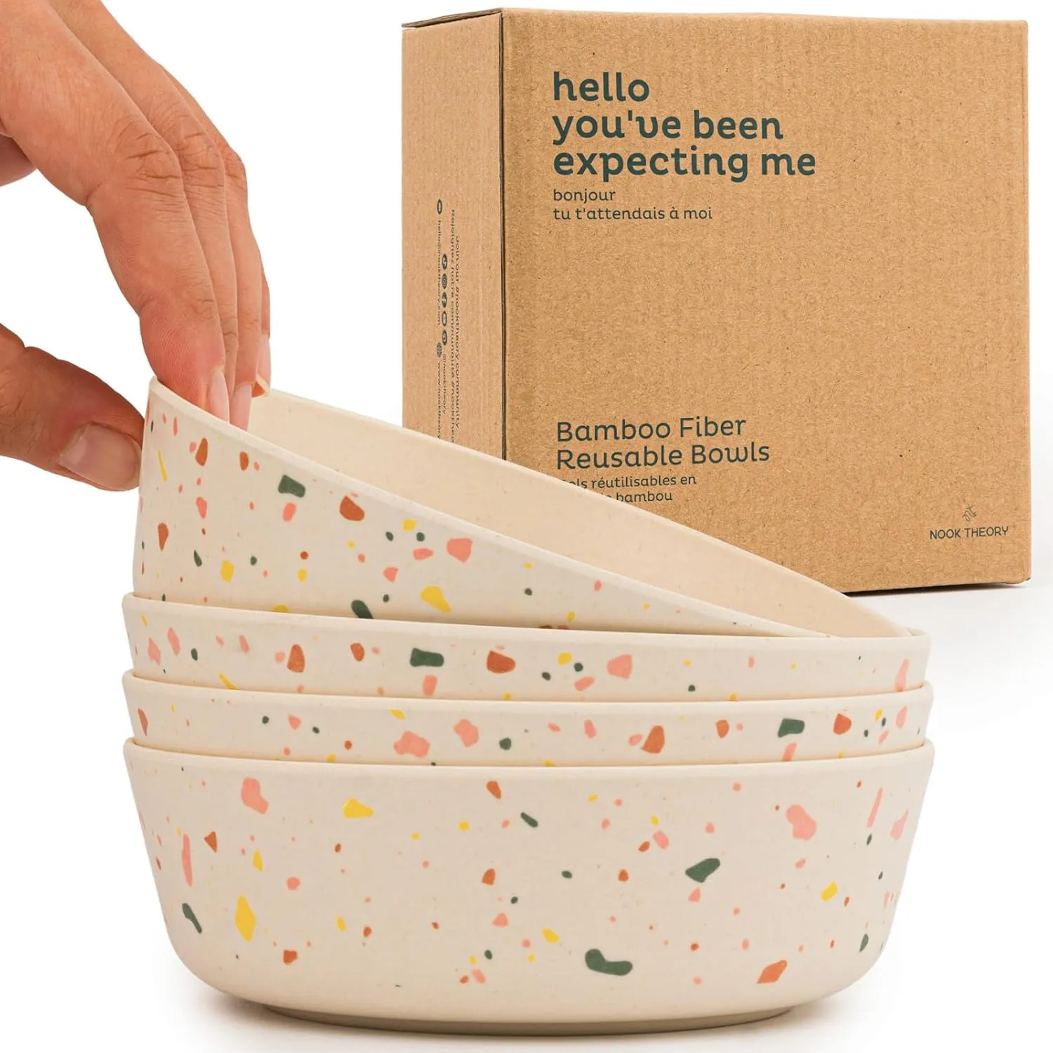 Nook Theory 4 Pack Bamboo Bowls - 18 Oz Reusable Toddler and Kids Bowl, Dishwasher Safe - Not Microwavable Bamboo Dishes (Celebration)