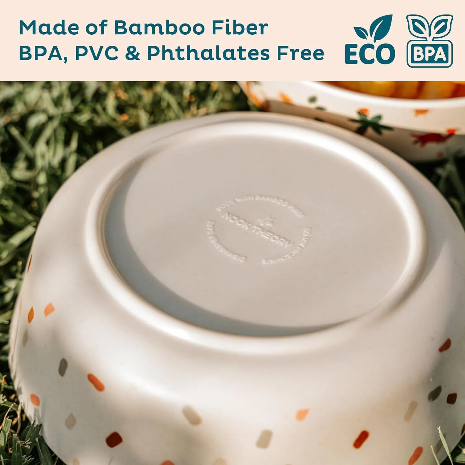 Nook Theory 4 Pack Bamboo Bowls - 18 Oz Reusable Toddler and Kids Bowl, Dishwasher Safe - Not Microwavable Bamboo Dishes (Dino)
