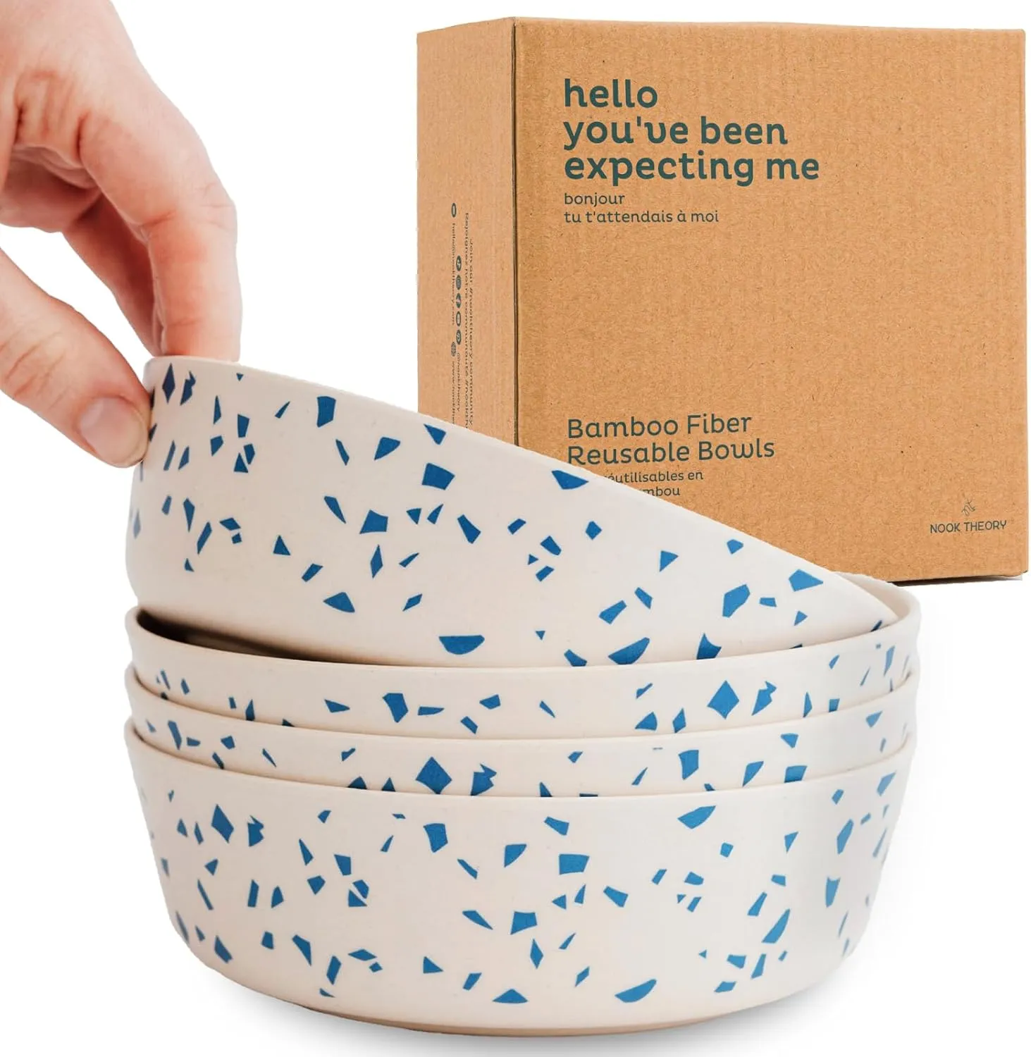 Nook Theory 4 Pack Bamboo Bowls - 18 Oz Reusable Toddler and Kids Bowl, Dishwasher Safe - Not Microwavable Bamboo Dishes (Terrablue)