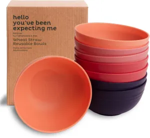Nook Theory Reusable Wheat Straw Bowls 8 Pcs - 26 Oz Cereal Bowl, Non-Toxic Kids and Toddler Bowl, Microwavable, Dishwasher Safe and Unbreakable Dinnerware (Coral)
