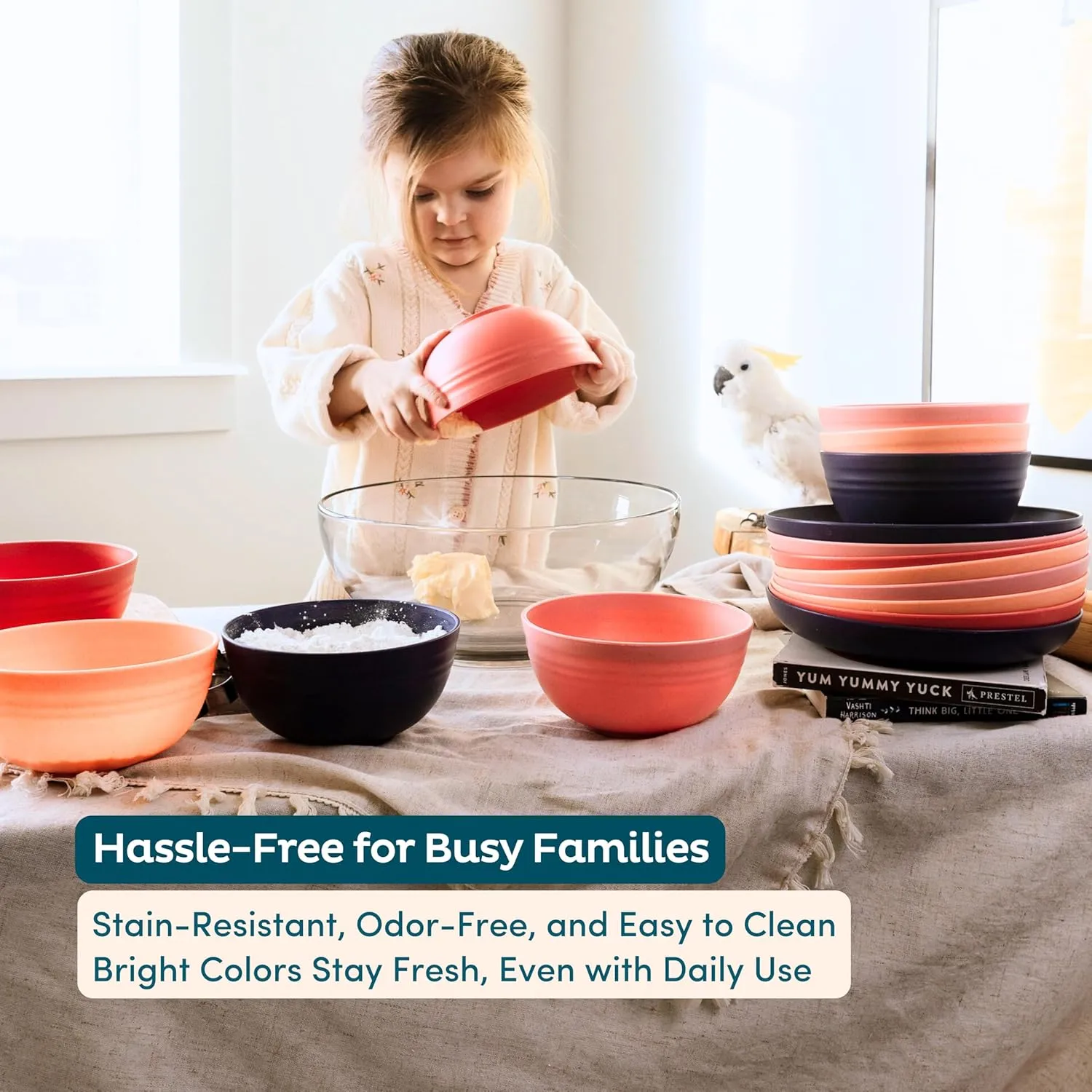Nook Theory Reusable Wheat Straw Bowls 8 Pcs - 26 Oz Cereal Bowl, Non-Toxic Kids and Toddler Bowl, Microwavable, Dishwasher Safe and Unbreakable Dinnerware (Coral)