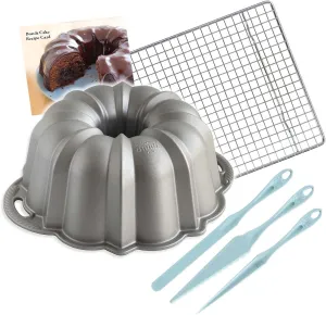 Nordic Ware Platinum Silver 12 Cup Anniversary Bundt Pan With Cake Finishing Tool Kit   Cooling Rack and Recipe Card