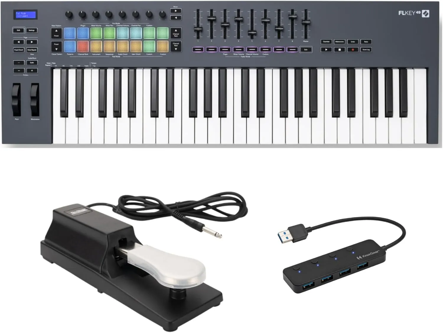 Novation FLkey 49-Key MIDI Keyboard Controller - Professional Music Production with Velocity-Sensitive Keys and DAW Integration, Compact and Portable Bundle with Sustain Pedal and 4-Port USB (3 Items)