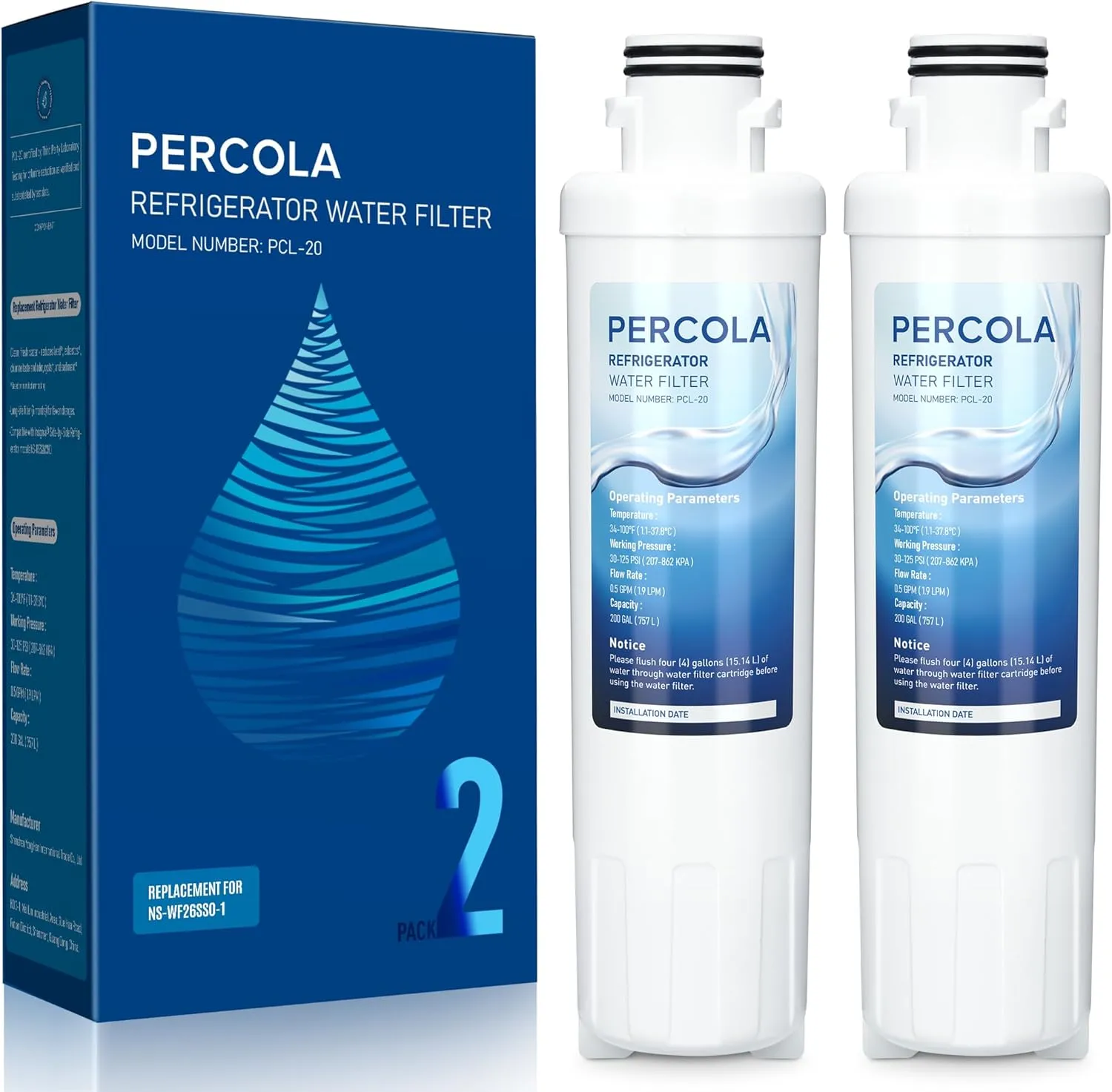 NS-WF26SS0-1 Water Filter, Compatible with Insignia® NS-WF26SS0-1, Insignia® Side-by-Side NSRSS26SS0, NS-RSS26WH0 Refrigerator Models (2 Pack)