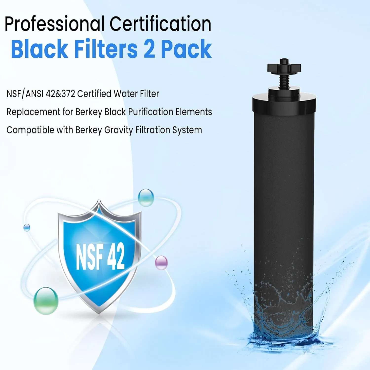 NSF/ANSI 42 Certified Black Purification Elements, for BB9-2® Water Filters Replacement, Compatible with Berkey Gravity Filtration System, Replacement for Berkey Black Filter, Pack of 2