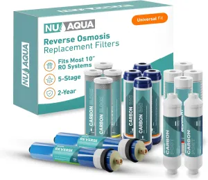 NU Aqua Reverse Osmosis Water Filter System Replacement Set - 5 Stage 2 Year Under Sink Kit - Includes Membrane, Sediment, Carbon Filters, Parts & Fittings - Universal RO Filtration Cartridge Pack