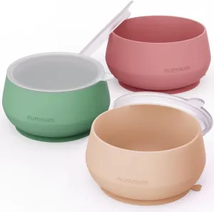 NumNum Suction Bowls for Babies & Toddlers, Extra Strong Non-Slip Suction, 100% Food-Grade Silicone, BPA-Free, Microwave & Dishwasher Safe, Baby-Led Weaning Bowl, 3-Pack With Lid, Beige/Green/Mauve