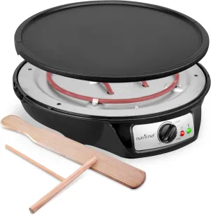 NutriChef Crepe Maker - Cooks Bacon, Roti, Tortillas & Omelets - Easy to Clean Detachable Cooktop - 12 inch Cook Area with Adjustable Temperature - Includes Wooden Spatula & Batter Spreader