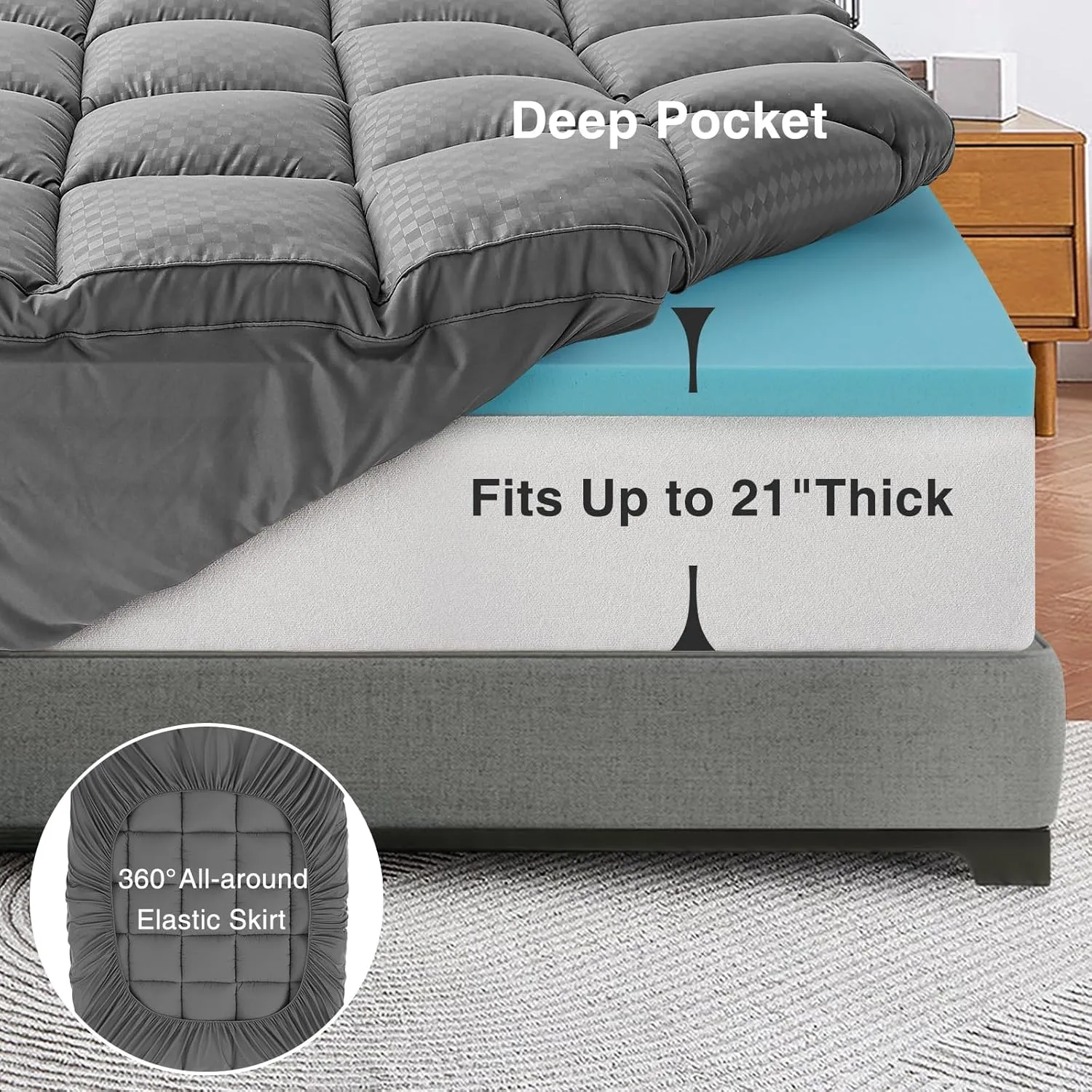 OLANLY Dual-Layer 4 Inch Queen Size Memory Foam Mattress Topper for Back Pain, 2 Inch Cooling Pillow Top Mattress Pad Cover and 2 Inch Gel Memory Foam Topper, Deep Elastic Pocket, Grey
