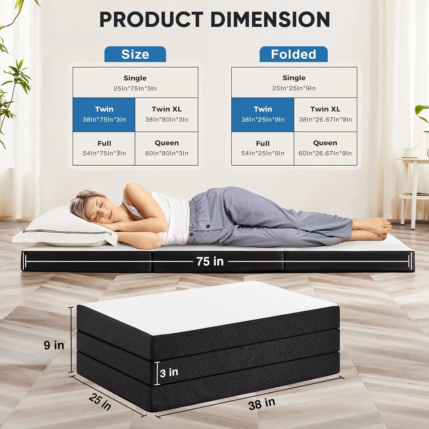 OLIXIS Tri-fold Memory Foam Mattress - 3 Inch Twin Size Portable Floor Bed, Foldable Mat for Kids and Adults, Collapsible and Washable Cover with CertiPUR-US Certified, for Travel & Camping & Yoga