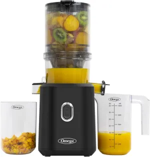 Omega Cold Press Juicer Machine with Time Saving Batch Hopper, Large Capacity for High Nutrient Extraction with Countertop Design for Whole Fruits & Vegetables, 150W, Black