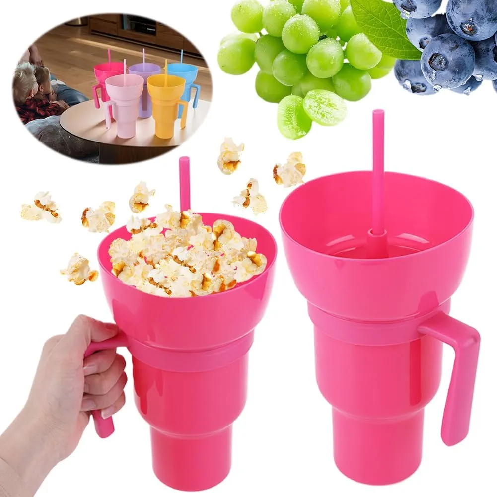 Orgone Stadium Tumbler with Snack Bowl,2 In 1 Snacks Drink Cups,Snack Cup with Bowls on Top and Straw