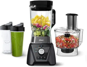 Oster Blender and Food Processor Combo with 3 Settings for Smoothies, Shakes, and Food Chopping, Includes 2 24-Ounce Cups and Lids, Carbon Grey