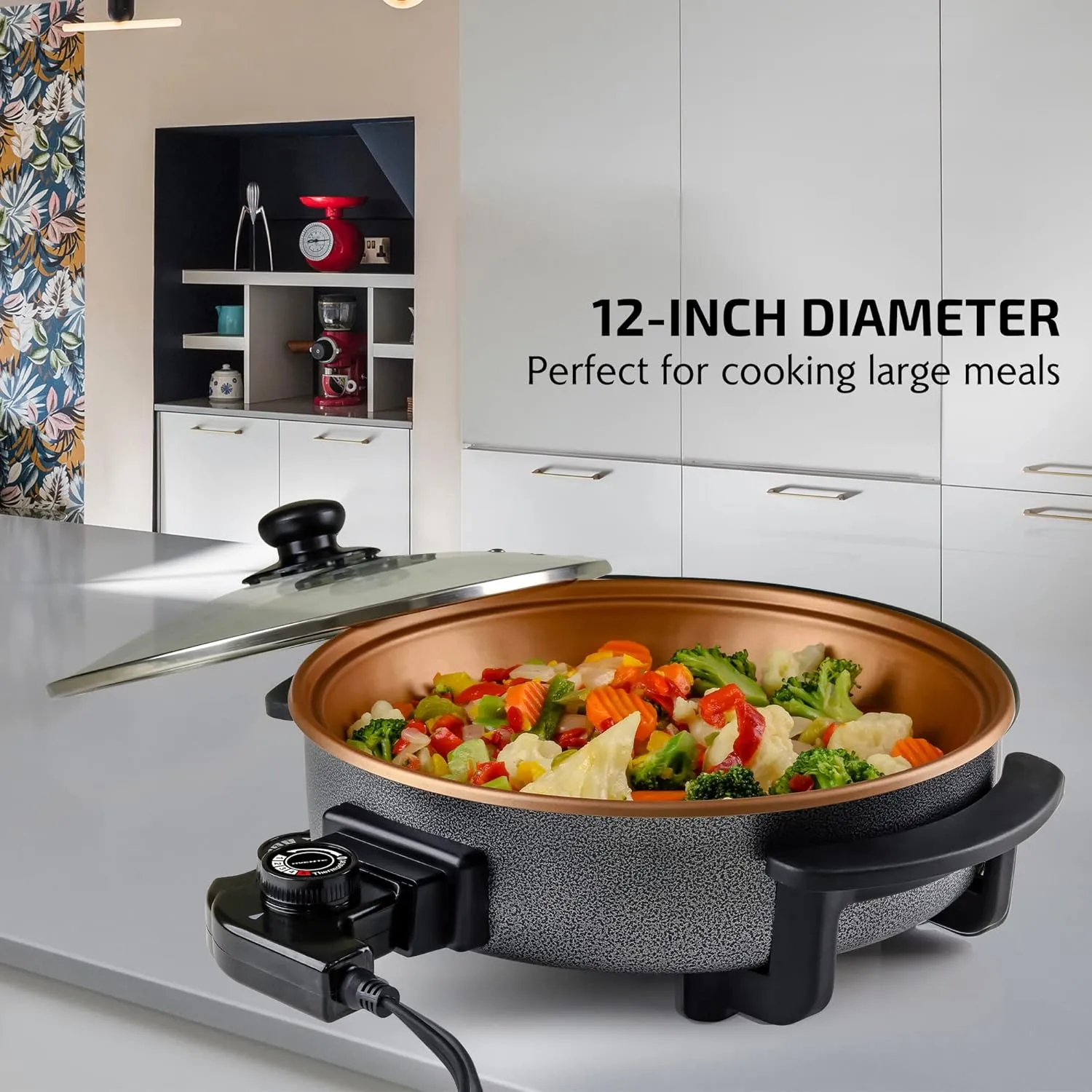 OVENTE 12 Inch Electric Skillet and Frying Pan with Nonstick Coating, 1400W Power, Adjustable Temperature Control, Tempered Glass Lid with Vent and Cool Touch Handles, Copper SK11112CO