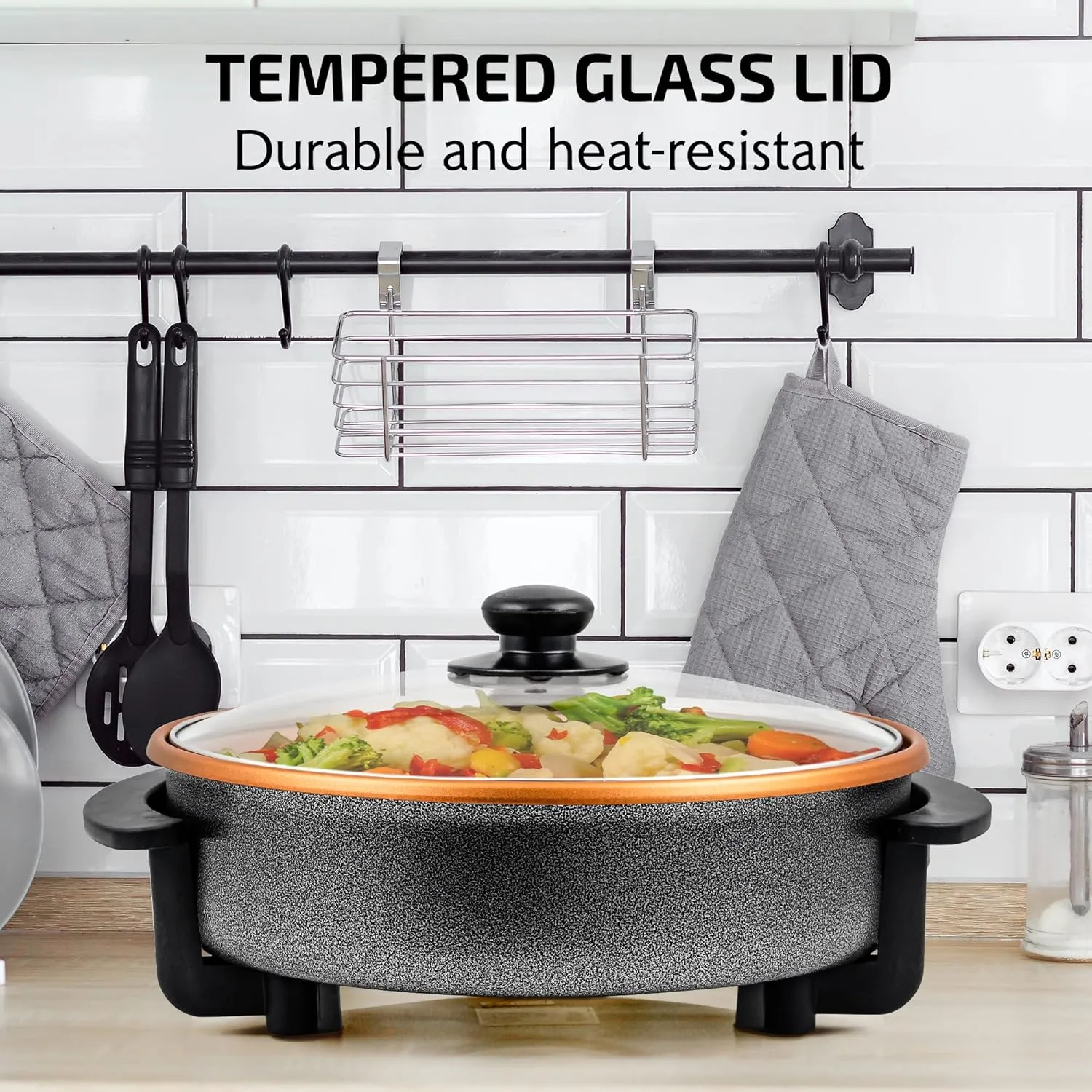 OVENTE 12 Inch Electric Skillet and Frying Pan with Nonstick Coating, 1400W Power, Adjustable Temperature Control, Tempered Glass Lid with Vent and Cool Touch Handles, Copper SK11112CO