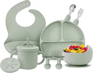 OWS Baby Feeding Set (11 pc) - Certified BPA-Free 100% Food Grade Silicone with Suction Bowl, Divided Plate, Sippy Cup with Straw & 2 Lids, Adjustable Bib, and Weaning Utensils (Forest Green)