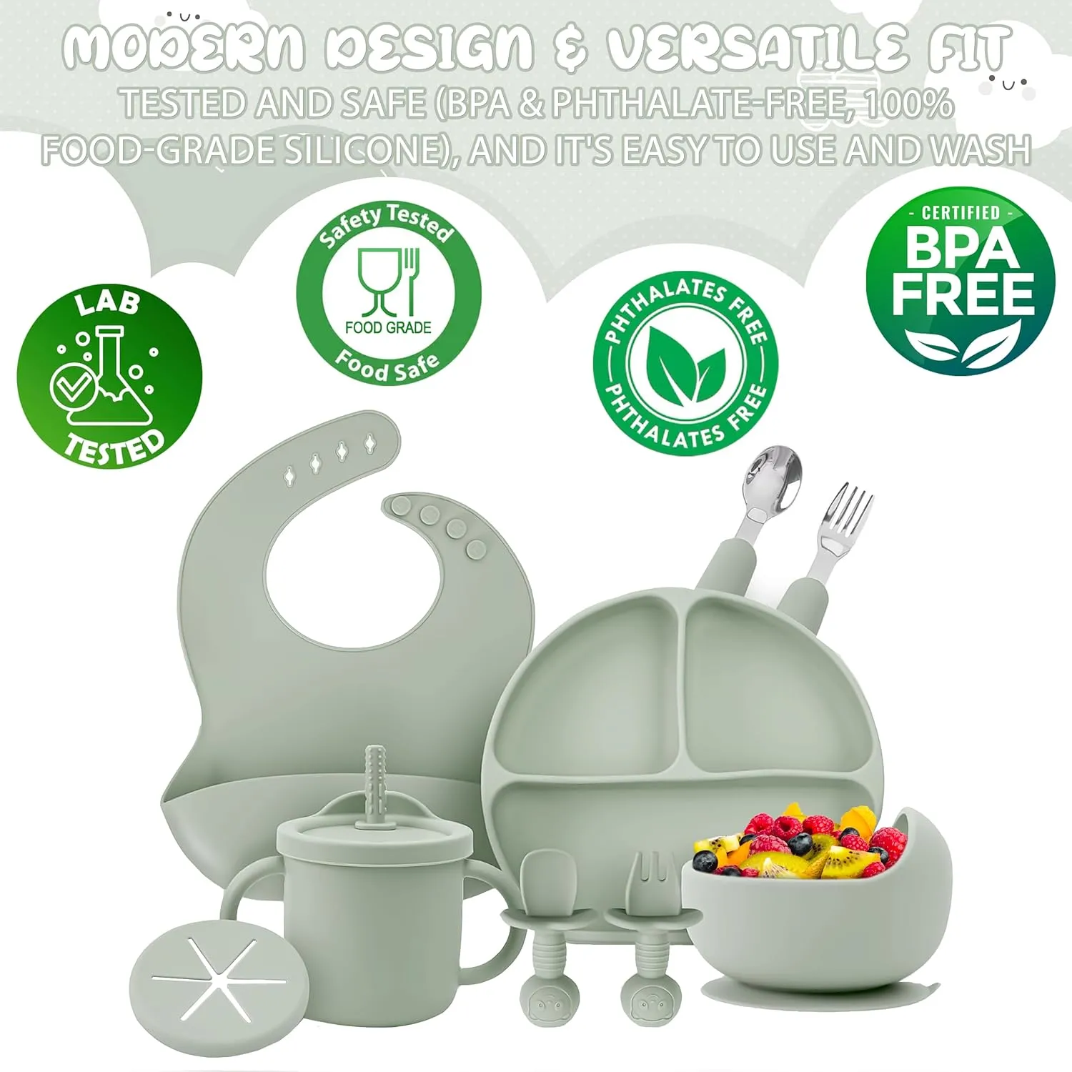 OWS Baby Feeding Set (11 pc) - Certified BPA-Free 100% Food Grade Silicone with Suction Bowl, Divided Plate, Sippy Cup with Straw & 2 Lids, Adjustable Bib, and Weaning Utensils (Forest Green)