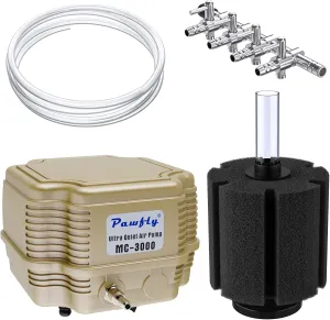 Pawfly 254 GPH Aquarium Air Pump with Large Bio Sponge Filter Multi-Port Air Flow Control Lever Valve Splitter and Airline Tubing for Fish Tanks Ponds and DWC Systems
