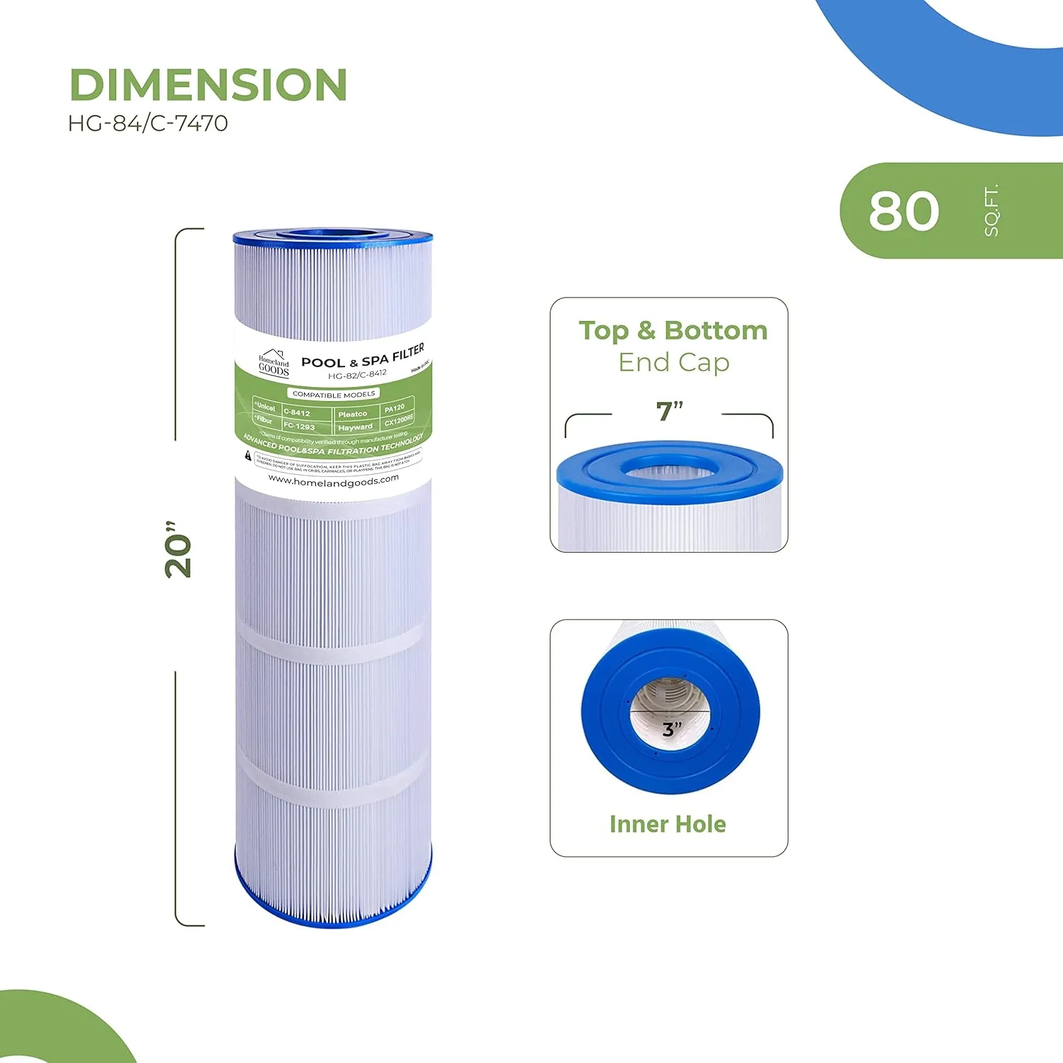 PCC80 Pool Filter Replacement for CCP320, Pleatco PCC80-PAK4, Unicel C-7470, R173573, Filbur FC-1976, PLFPCC80, Clean and Clear Plus 320, 817-0081, 4 X 80 sq. ft. 20"x 7" 4 Pack