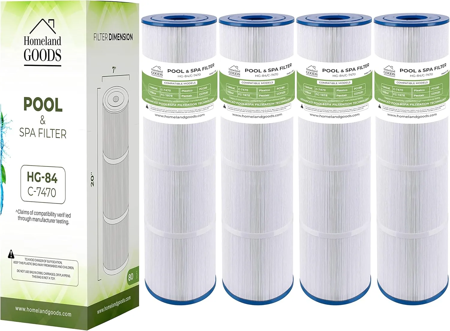 PCC80 Pool Filter Replacement for CCP320, Pleatco PCC80-PAK4, Unicel C-7470, R173573, Filbur FC-1976, PLFPCC80, Clean and Clear Plus 320, 817-0081, 4 X 80 sq. ft. 20"x 7" 4 Pack