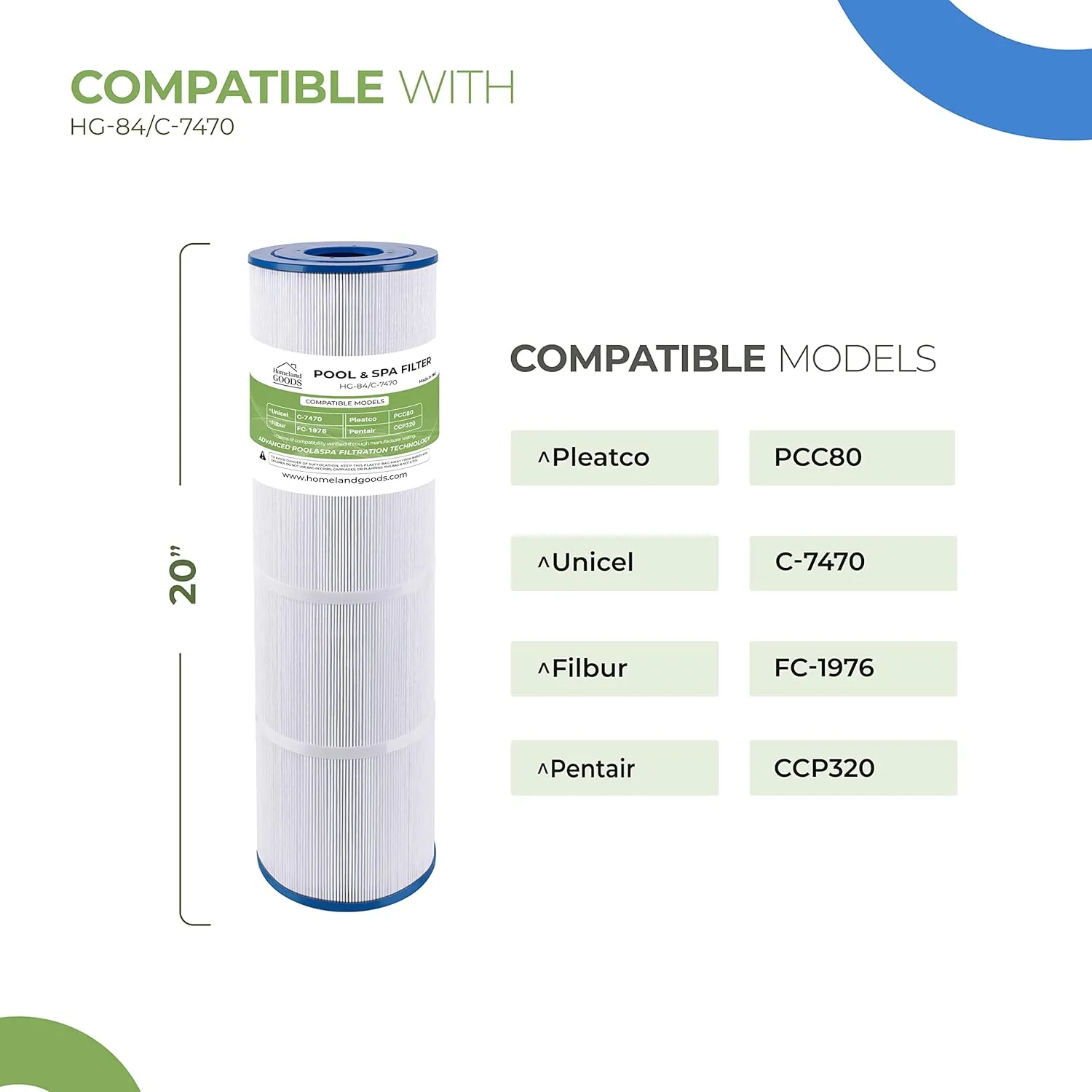 PCC80 Pool Filter Replacement for CCP320, Pleatco PCC80-PAK4, Unicel C-7470, R173573, Filbur FC-1976, PLFPCC80, Clean and Clear Plus 320, 817-0081, 4 X 80 sq. ft. 20"x 7" 4 Pack