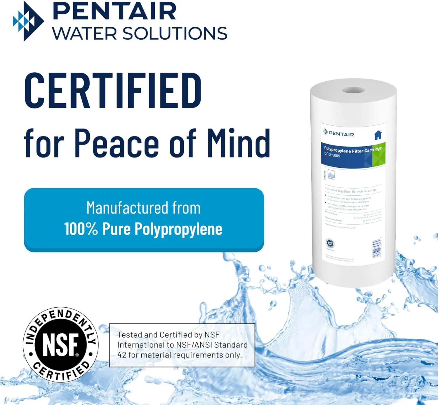 Pentair Pentek DGD-5005 Big Blue Water Filter, 10-Inch Whole House Sediment Filter Cartridge Replacement, Dual-Gradient Density Spun Polypropylene, 10" x 4.5", 5 Micron, Pack of 1
