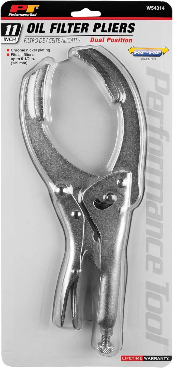 Performance Tool W54314 11" Locking Oil Filter Pliers, Dual Position Oil Filter Pliers - Fine Adjustment Screw, Easy One-Handed Locking, Fits Filters 2-1/2 to 5-1/2-Inches (63-139mm)