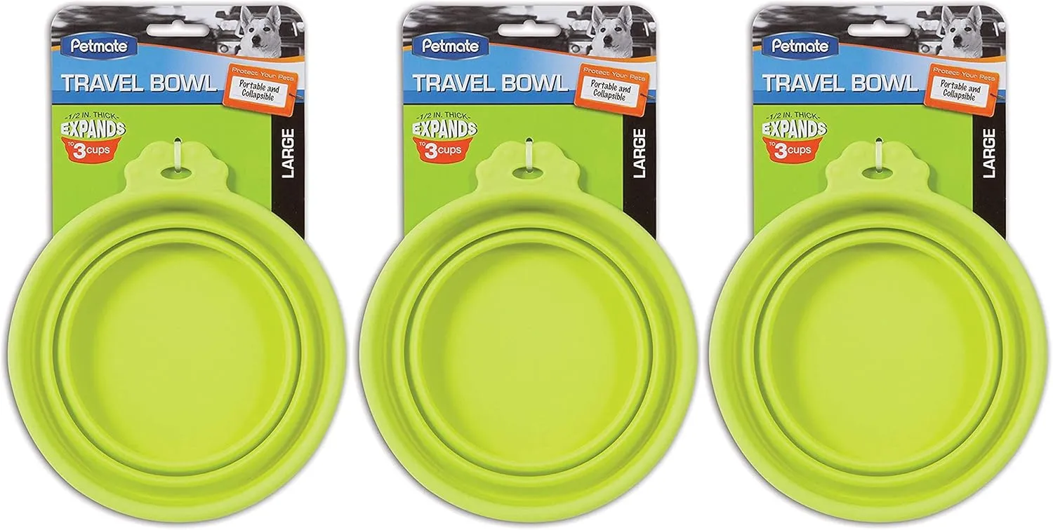 Petmate 3 Pack of Collapsible Silicone Travel Pet Bowls, 1.5 Cup Capacity Each, Go-Go Green