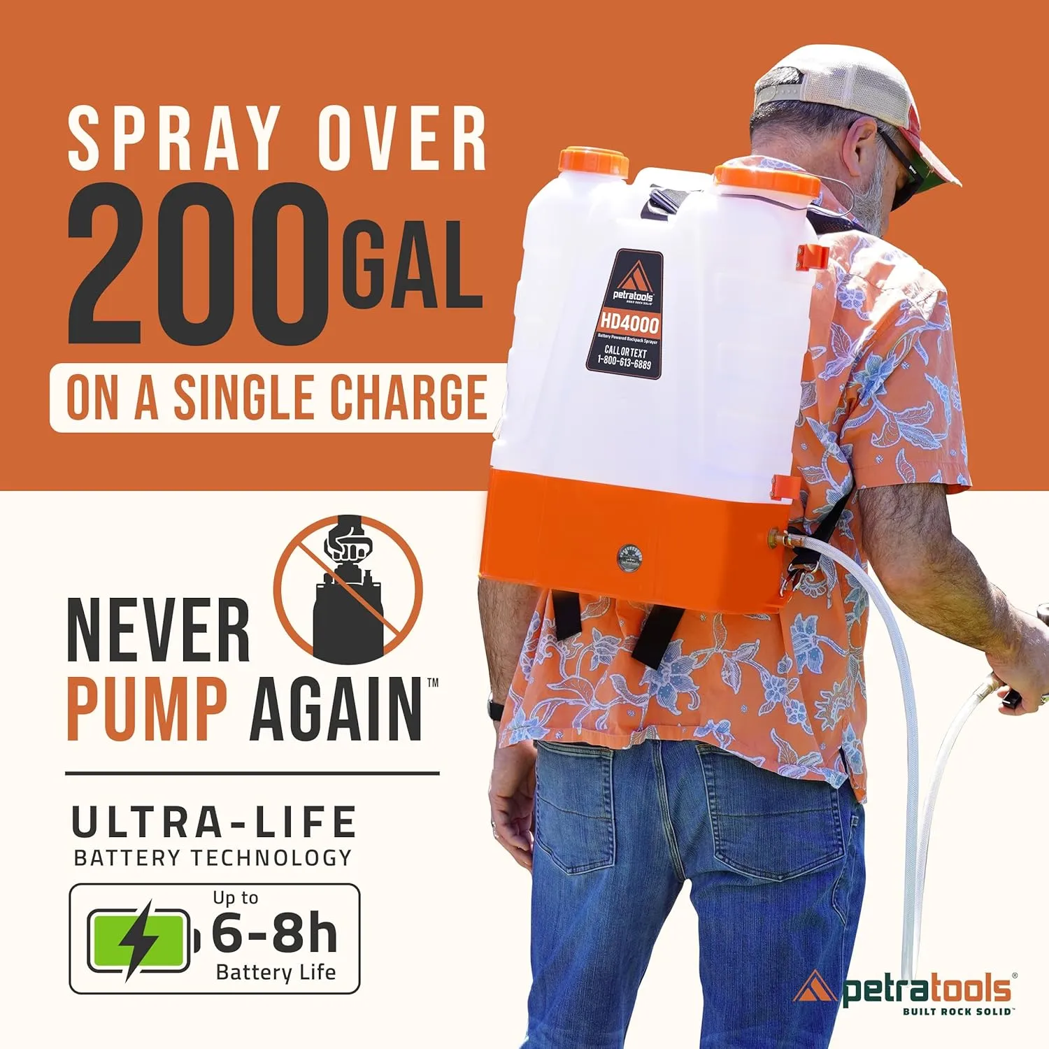 PetraTools Battery Powered Backpack Sprayer 4 Gallon - 6 Hours Long Battery Life & Padded Straps for Comfort - HD4000 Electric Backpack Garden Sprayer with 6 Spray Nozzles & 90PSI Adjustable Pressure