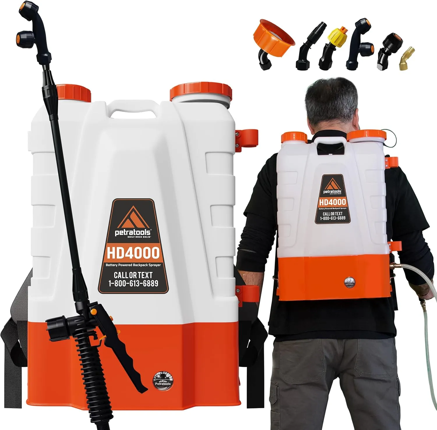 PetraTools Battery Powered Backpack Sprayer 4 Gallon - 6 Hours Long Battery Life & Padded Straps for Comfort - HD4000 Electric Backpack Garden Sprayer with 6 Spray Nozzles & 90PSI Adjustable Pressure