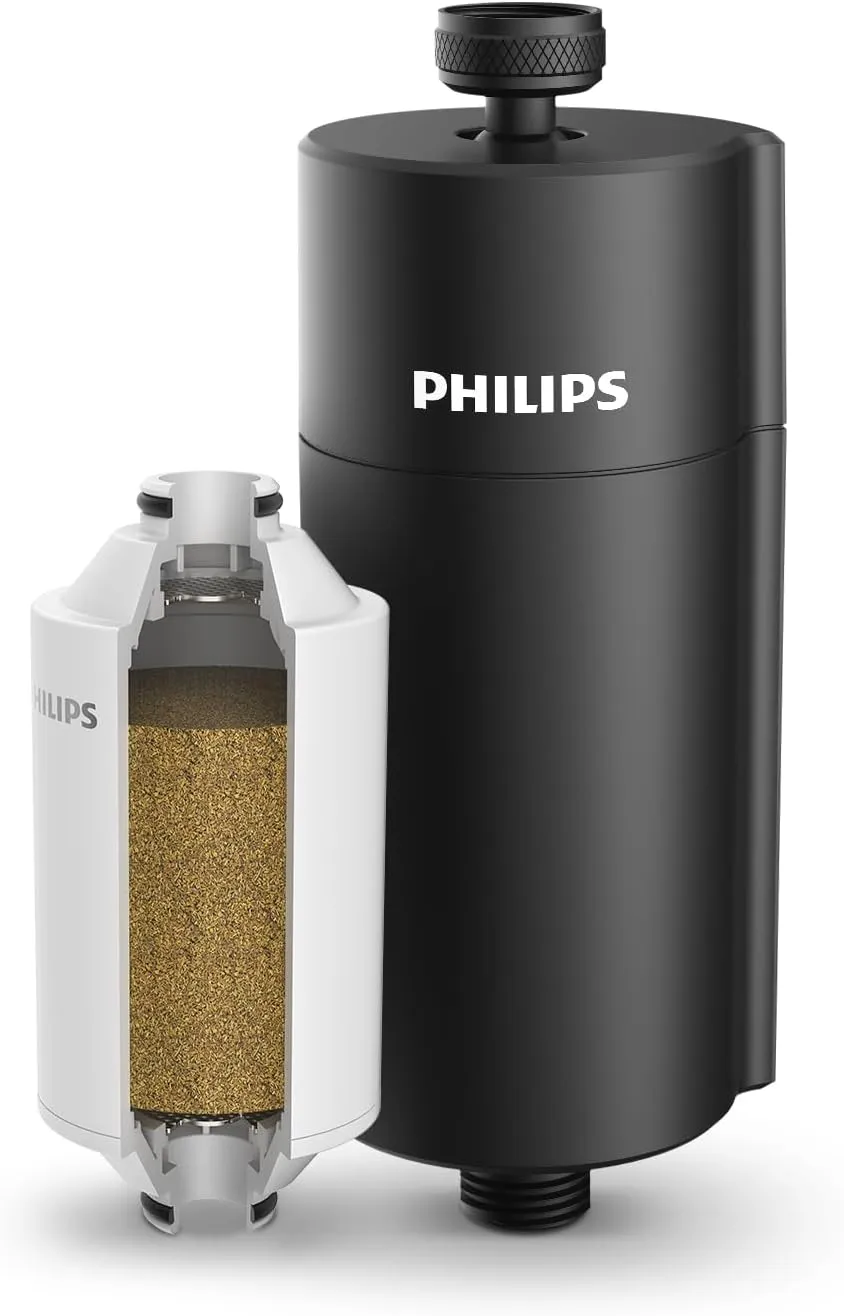 Philips Shower Filter Water Softener, Shower Filtration with Double Mesh & NSF Certified KDF Material, Reducing Chlorine/Impurities/Rust Sediments for Handheld Shower head, Black(Shower Filter Set)