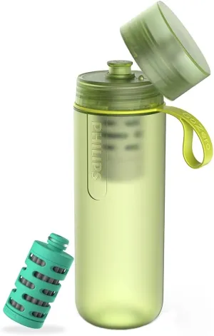 PHILIPS Water GoZero Active BPA-Free Water Bottle with River/Lake/Spring Water Filter for Hiking Camping, Sport Squeeze Water Bottle, Lightweight, Blue, 20 oz with Adventure Filter, Green