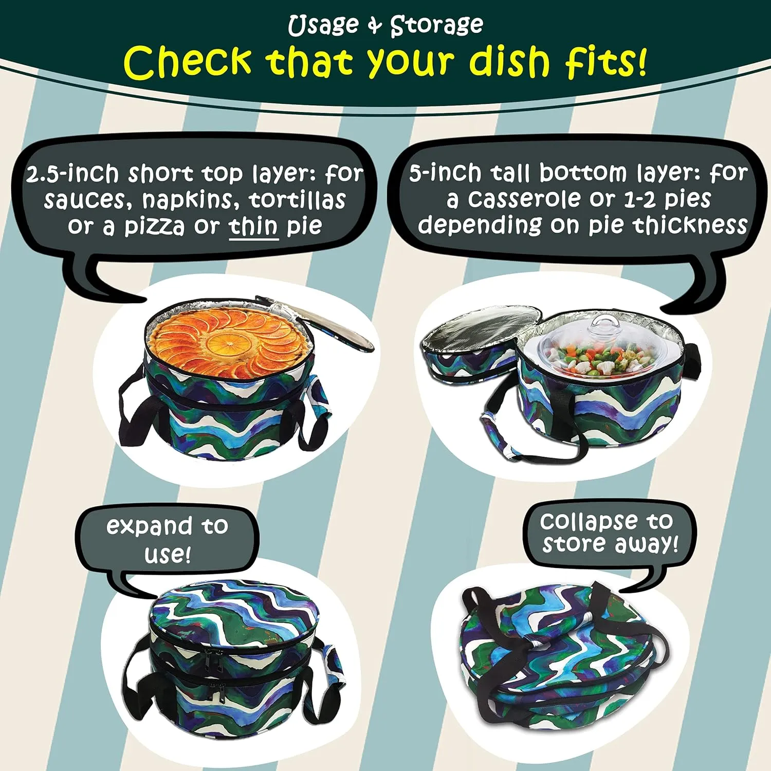 Pie Carrier, Round Casserole Carrier, Insulated Casserole Carrier for Hot or Cold Food
