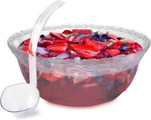 Plastic Punch Bowl with Ladle – Clear Punch Plastic Bowls – BPA Free Recyclable Punch Set of Bowl and 5 oz. Ladle – Embroidered Punch Bowl with Serving Ladle for Parties