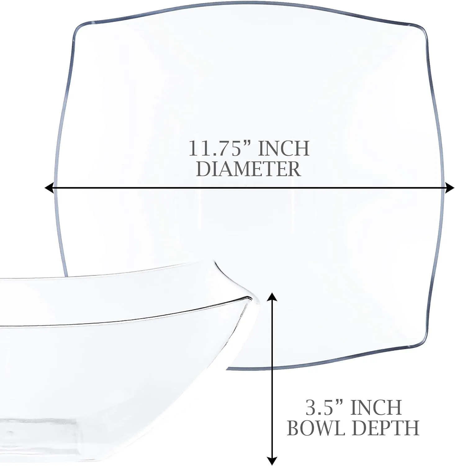 PLASTICPRO Disposable 128 ounce Square Serving Bowls, Party Snack or Salad Bowl, Extra Large Plastic Crystal Clear Pack of 4