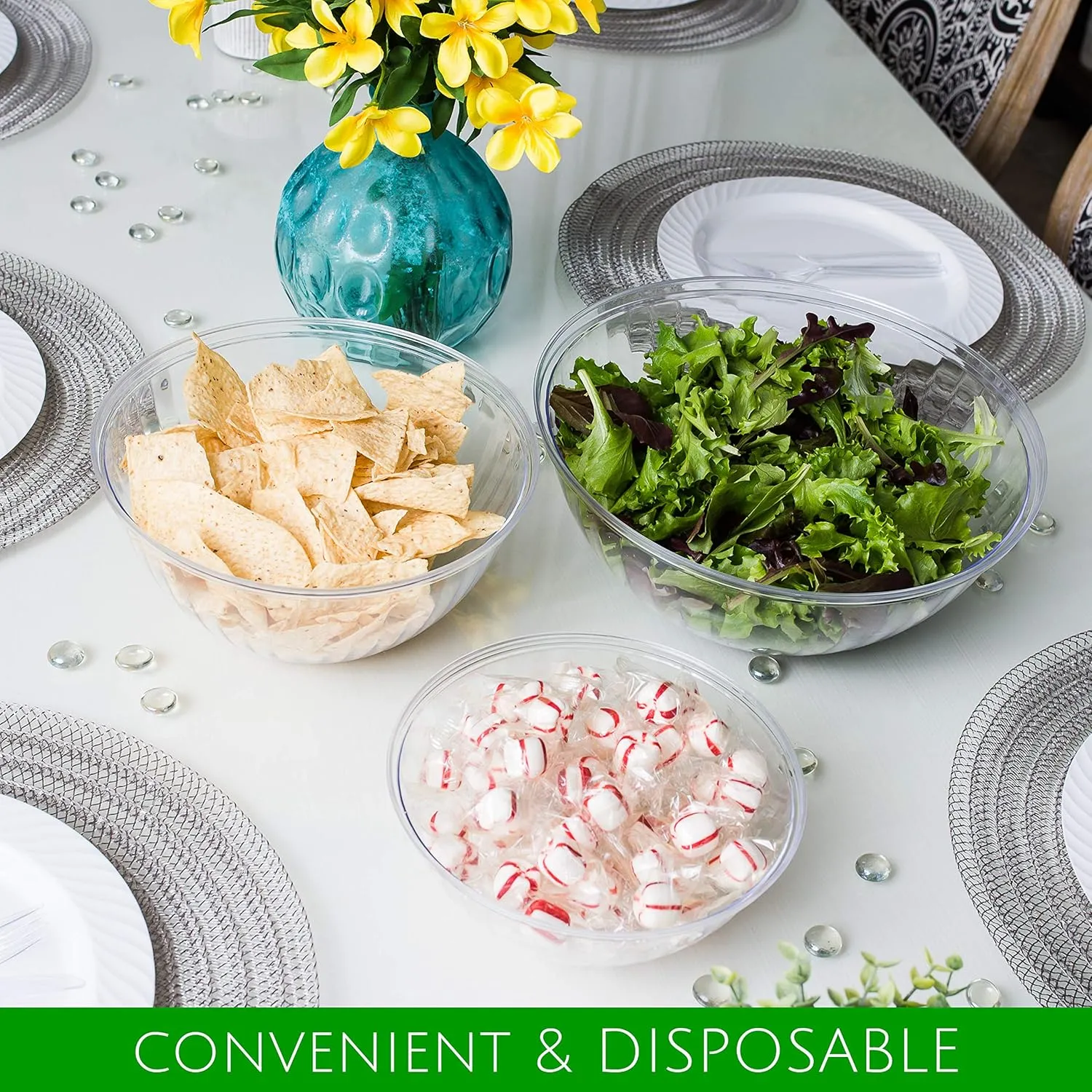 PLASTICPRO Disposable 96 Ounce Round Crystal Clear Plastic Serving Bowls, Party Snack or Salad Bowl, Chip Bowls, Snack Bowls, Candy Dish, Salad Container Pack of 4