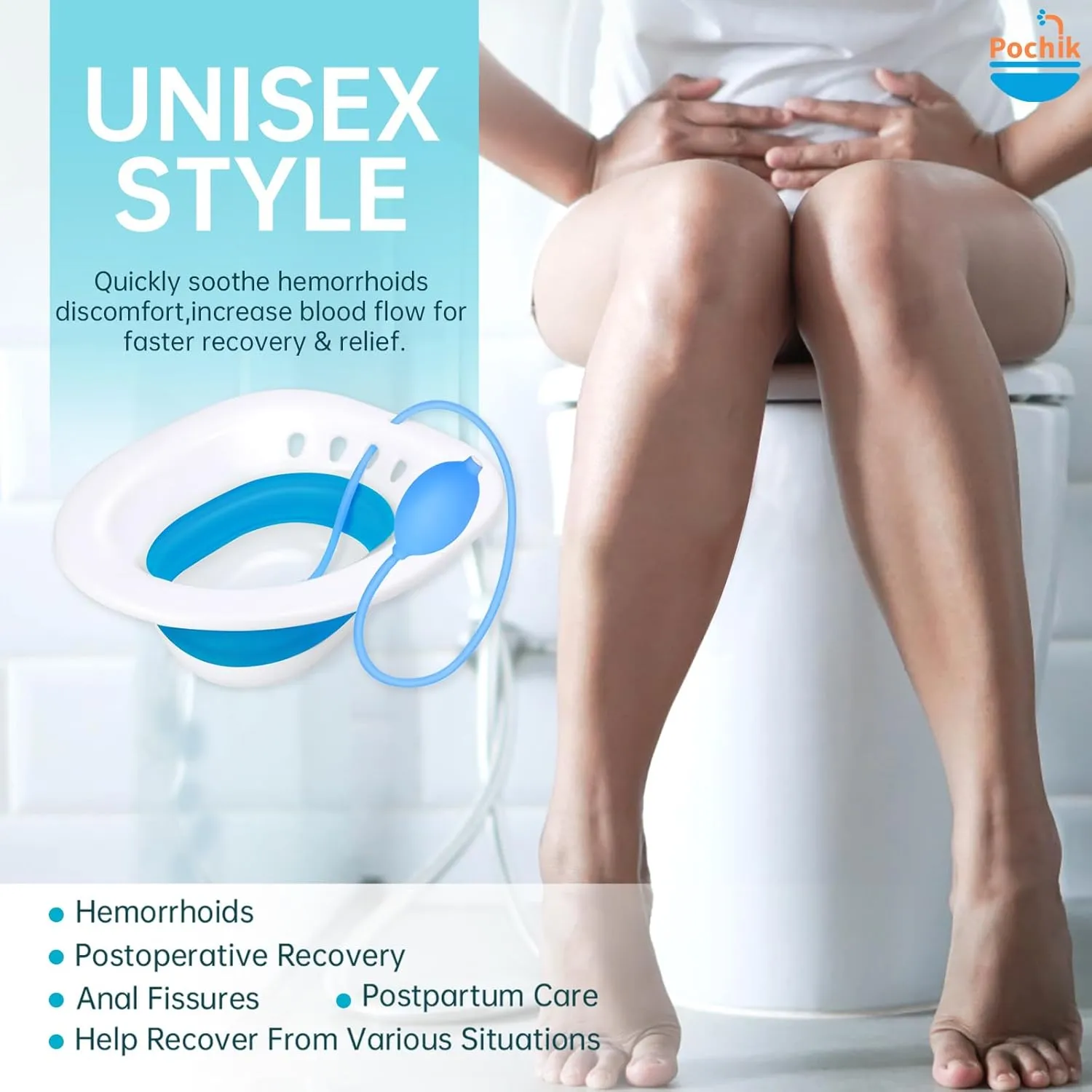 Pochik Sitz Bath, Sitz Bath for Hemorrhoids, Sitz Bath for Toilet Seat, Postpartum Care, Perineal Soaking, Collapsible, Flusher Hose, Drain Holes, Wider Seating Area, Deeper Bowl