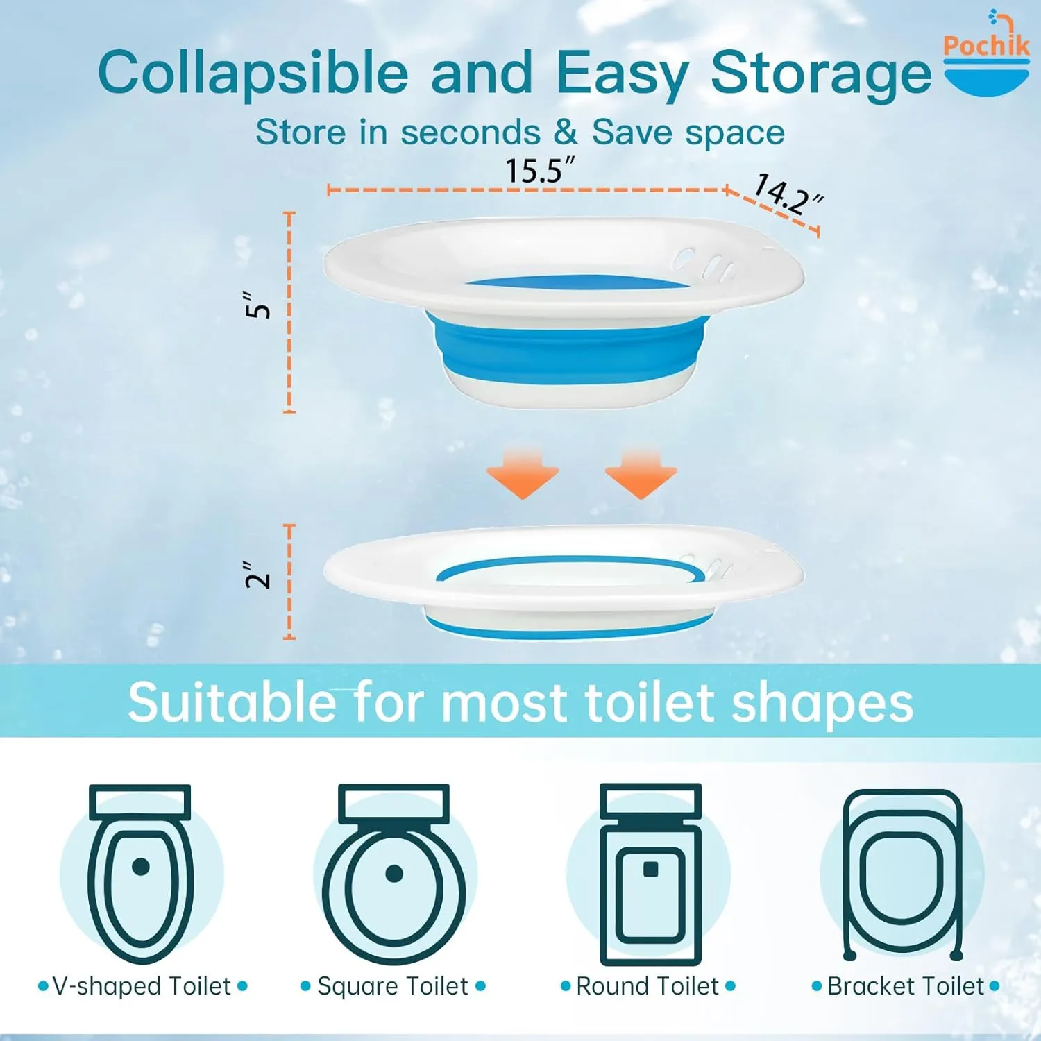 Pochik Sitz Bath, Sitz Bath for Hemorrhoids, Sitz Bath for Toilet Seat, Postpartum Care, Perineal Soaking, Collapsible, Flusher Hose, Drain Holes, Wider Seating Area, Deeper Bowl